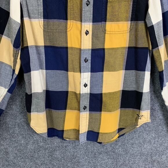 American Eagle Outfitters Button Up Shirt Men M Block Plaid Navy Gold Classic - Picture 3 of 15